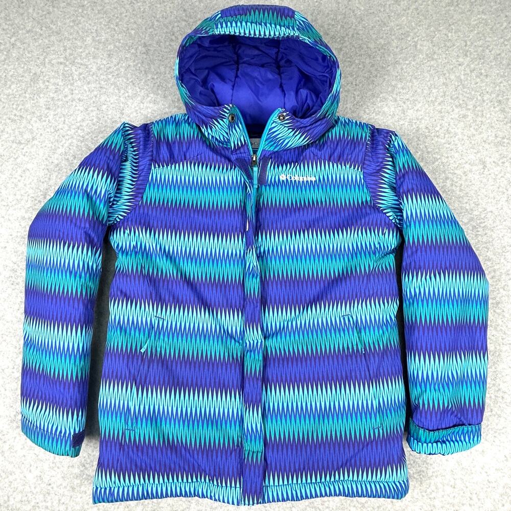 Columbia Girls Winter Jacket WG5006 Hood Insulated Coat Size L 14/16 Blue Geo
